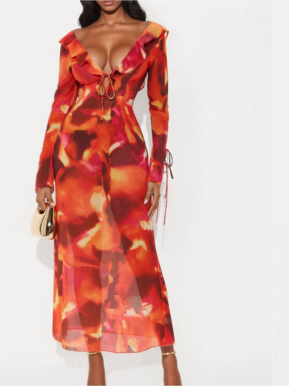 New Fashion Nova Orange Combo Chiffon Maxi Dress with Ruffle Accent.